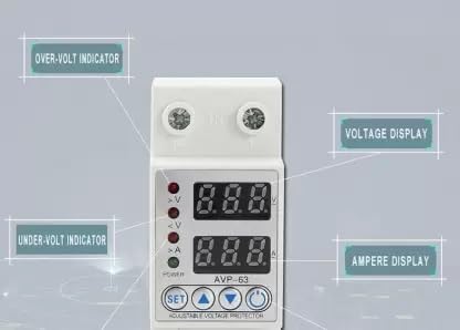 Real Instruments 63A AVP-63 Din Rail Dual Display Adjustable Intelligent Over Voltage Current And Under Voltage Protective Device Protector Relay Over Current Protection Home Usage Dual LED Display