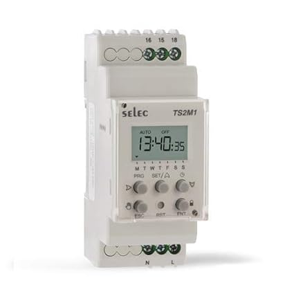 Real Instruments Selec TS2M1 16 Amp Digital Programmable Timer Switch with LCD Display, Multiple ON/OFF Scheduling Modes, Memory Retention, Energy-Efficient Automation, and DIN Rail Mounting for Industrial, Commercial and Residential Applications, TS2M1