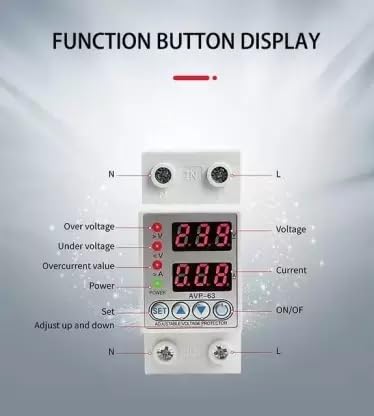 Real Instruments 63A AVP-63 Din Rail Dual Display Adjustable Intelligent Over Voltage Current And Under Voltage Protective Device Protector Relay Over Current Protection Home Usage Dual LED Display