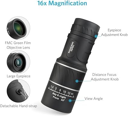 Real Instruments 16x52 Monocular Dual Focus Optics Zoom Telescope for Birds Watching/Wildlife/Hunting/Camping/Hiking/Tourism/Armoring/Live Concert 66M/8000M