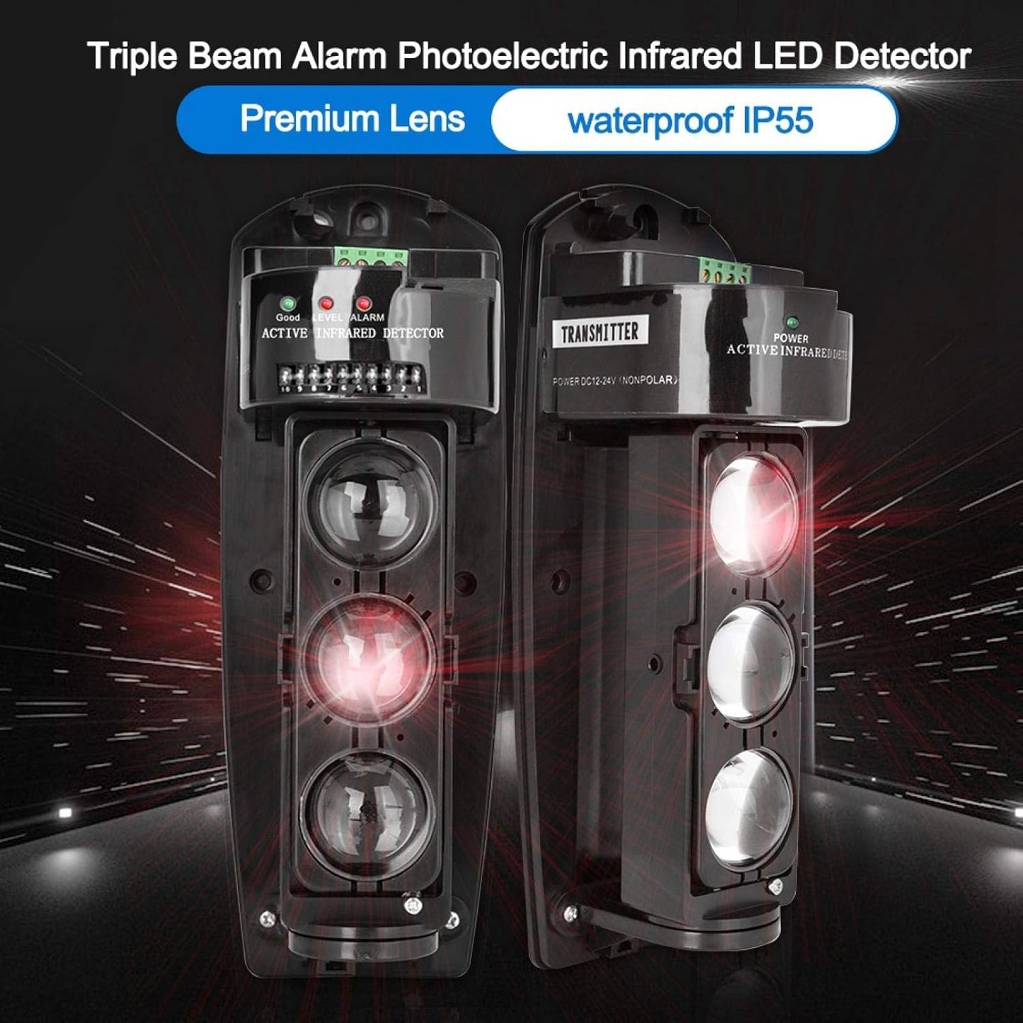 Real Instruments Triple Beam Alarm Photoelectric Beam Sensor Infrared Detector Security System Outdoor Weatherproof Motion Sensing Security Perimeter Alert System(ABE-200)