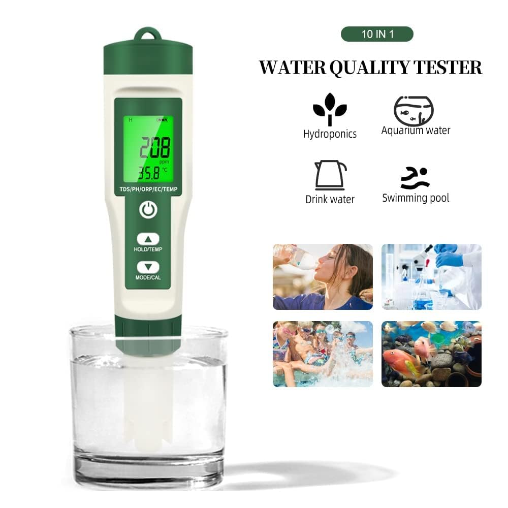 Real Instruments Digital pH Meter JQ-006, TDS/PH/ORP/EC/Temperature Tester 10 in 1 PH Meter with LCD Display, 4 Buffer Solutions for Drinking Water Monitoring