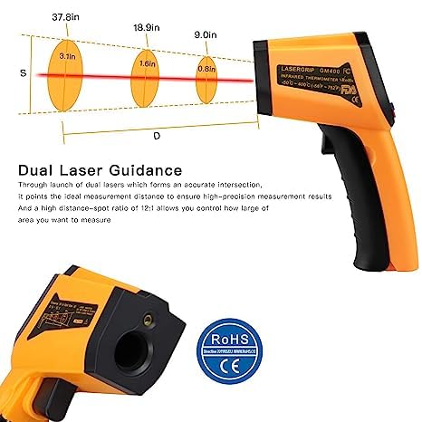 Real Instruments Laser Infrared Thermometer Non-Contact Digital Handheld Temperature Gun With Back Light LCD Display IR Thermometer For Industrial, Kitchen Cooking, Ovens (IR-400)