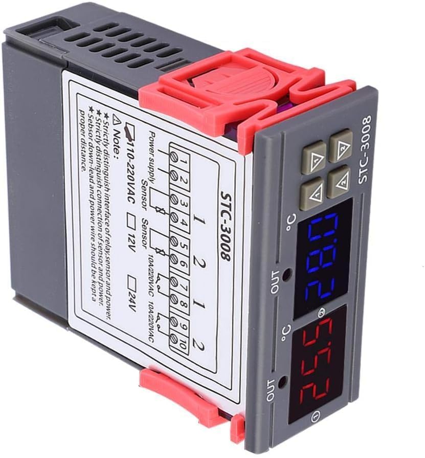 Real Instruments Digital Temperature Controller, STC-3008 50/60Hz Dual Display Dual NTC Probe Sensor 10A -50°C-70°C Digital Temperature Thermostat Controller (110~220V)