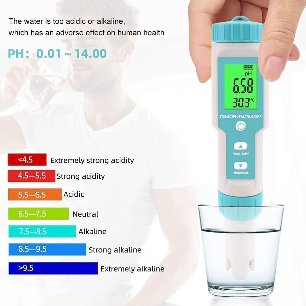 Real Instruments Water Quality Tester 7 in 1 PH Total Dissolved Solids TDS/PH/EC/ORP/Salinity/S.G/Temperature Testing IP67 Waterproof ℃/℉ Units Conversion Automatic Temperature Compensation