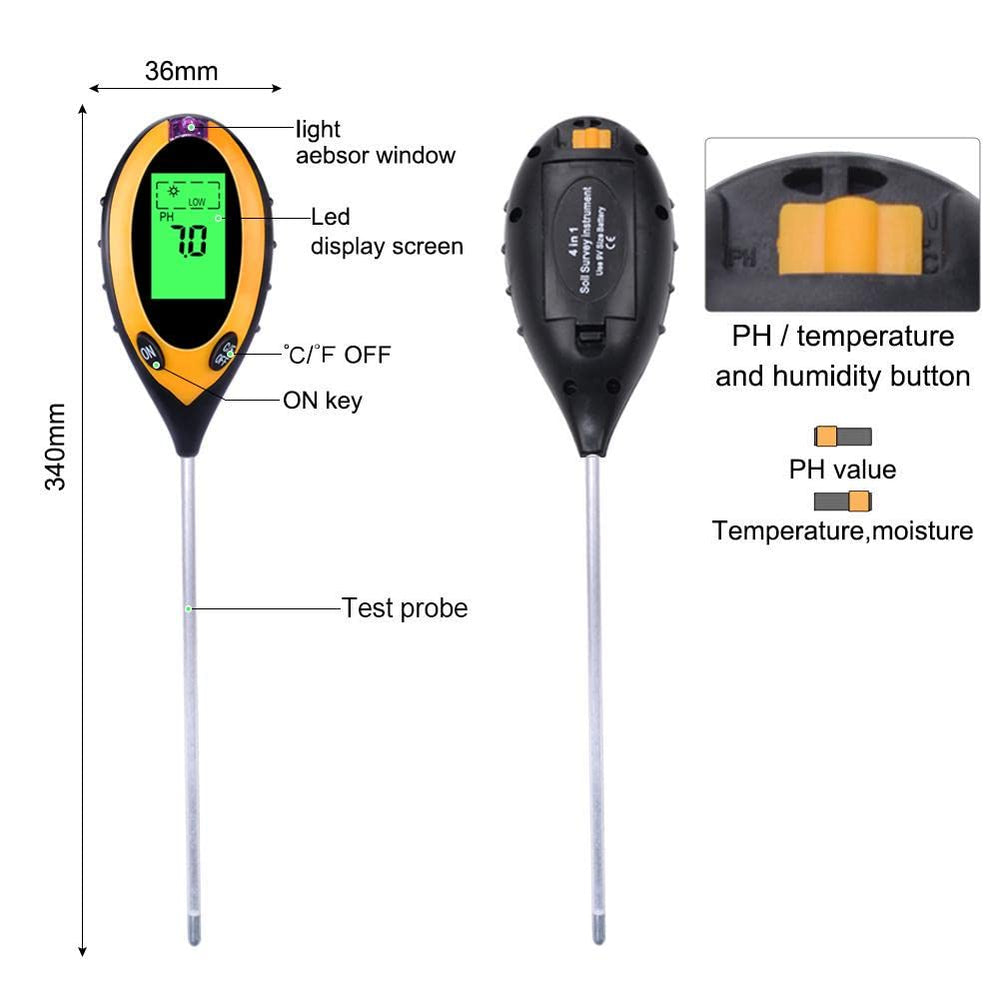 Real Instruments 4 in 1 Soil Ph Tester Moisture Meter Gardening Water Soil Testing Machine with Sensor Prob and Hydroponic Clear Digital LCD Display Set Home and Garden Plants Farming Farm Sunlight