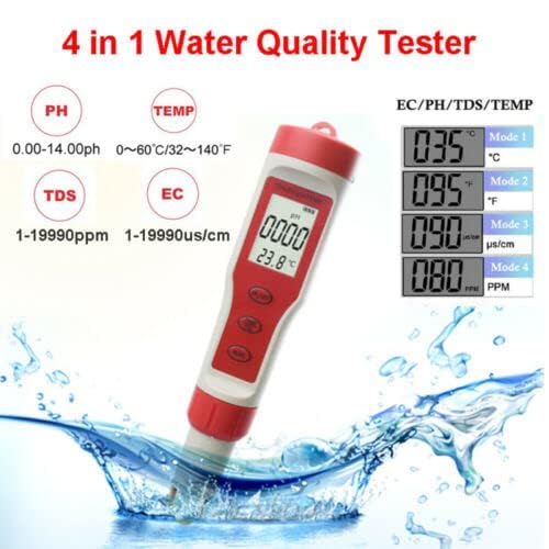 Real Instruments 4-IN-1 Water Quality Tester Pen Water Quality Analysis Instrument Waterproof PH/TDS/EC/Temperature Meter PH Meter TDS Meter With ATC Digital