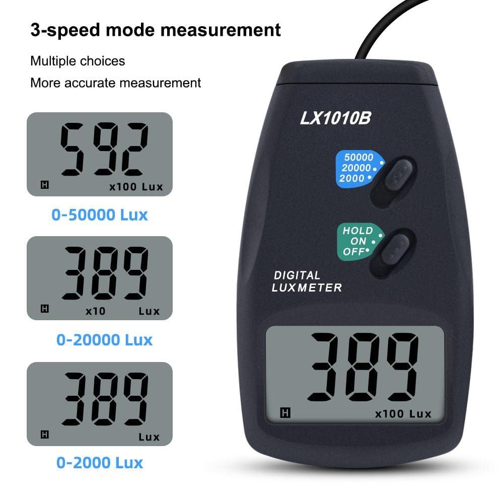 Real Instruments Digital Lux Meter Illuminance Camera Photometer FC Measure Light Meter Tester with LCD Display Flexible Sensor Light Tester for Photography, Plants, Indoor, Outdoor (LX-1010B)