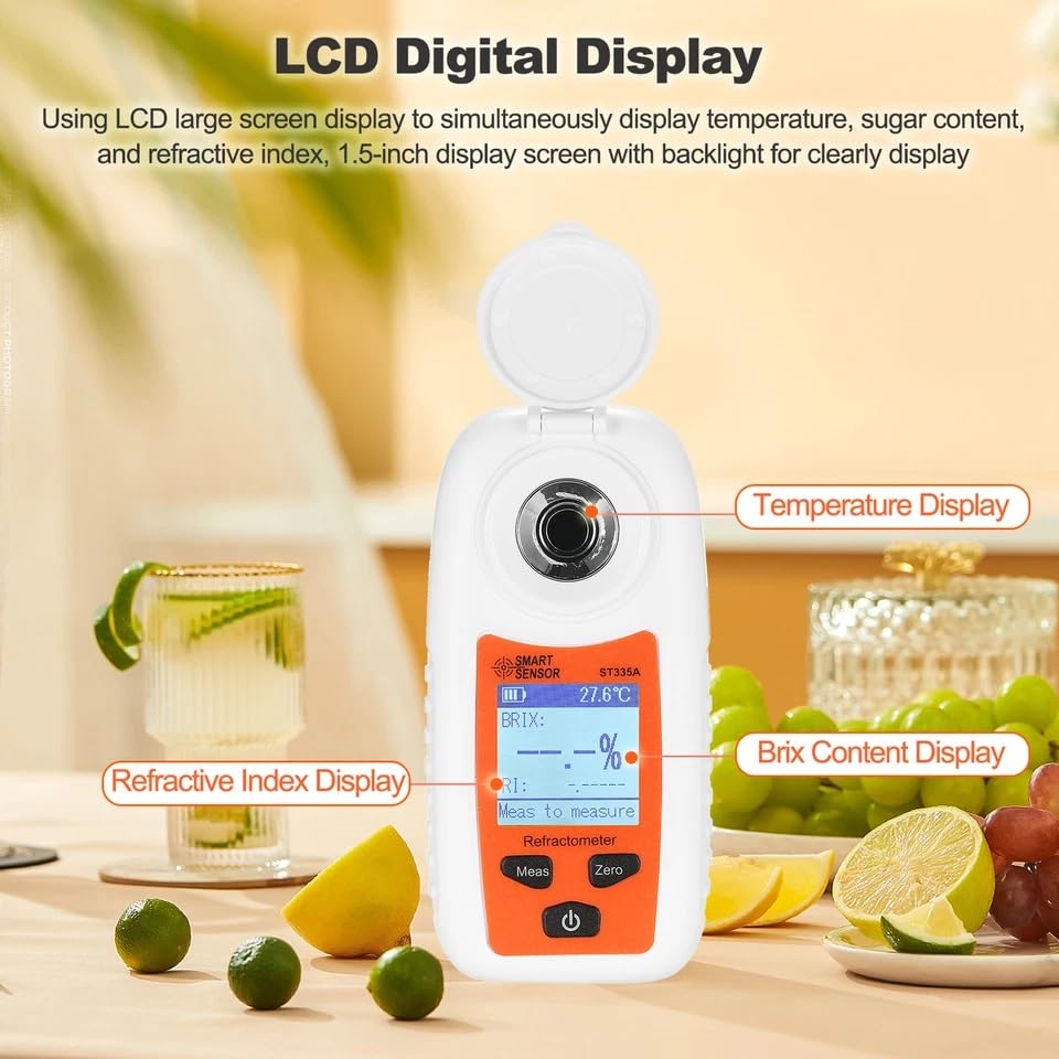 Real Instruments Digital Refractometer 0-35% Smart Sensor ST335A LCD Refractometer Handheld Honey Refractometer ATC Sugar Percent Tester Sugar Concentration Detector Sugar Solution Content Test Tool