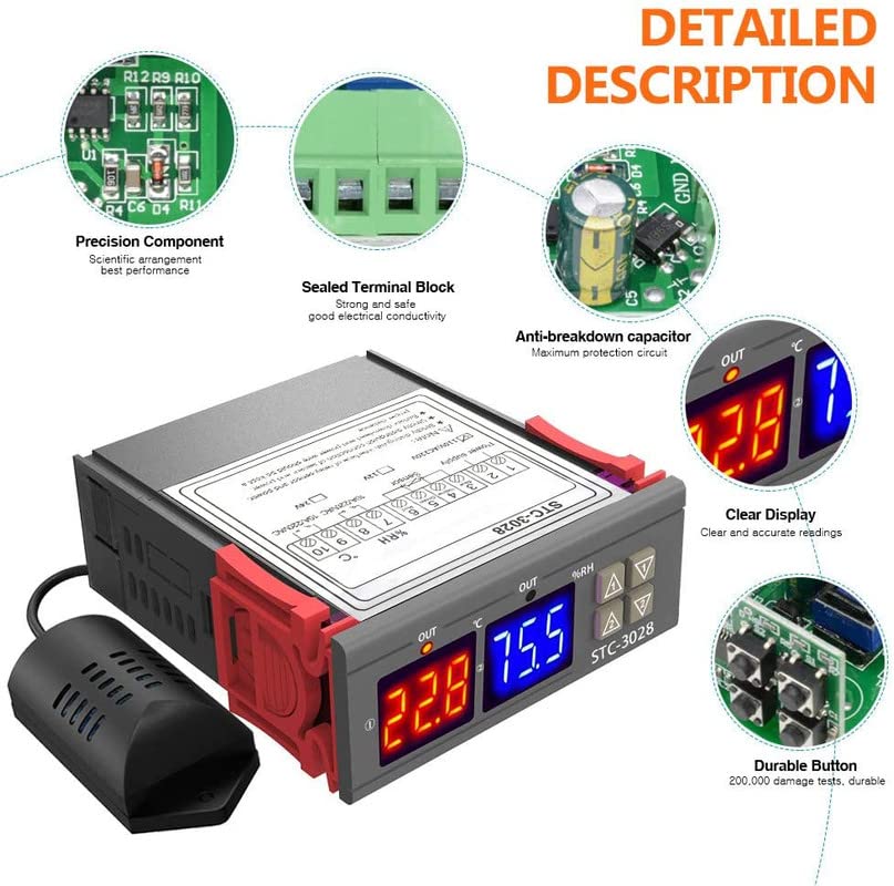 Real Instruments Digital LED Display Temperature Controller With Thermostat Control Switch NTC Sensor Probe For Egg Incubator (STC-3028)