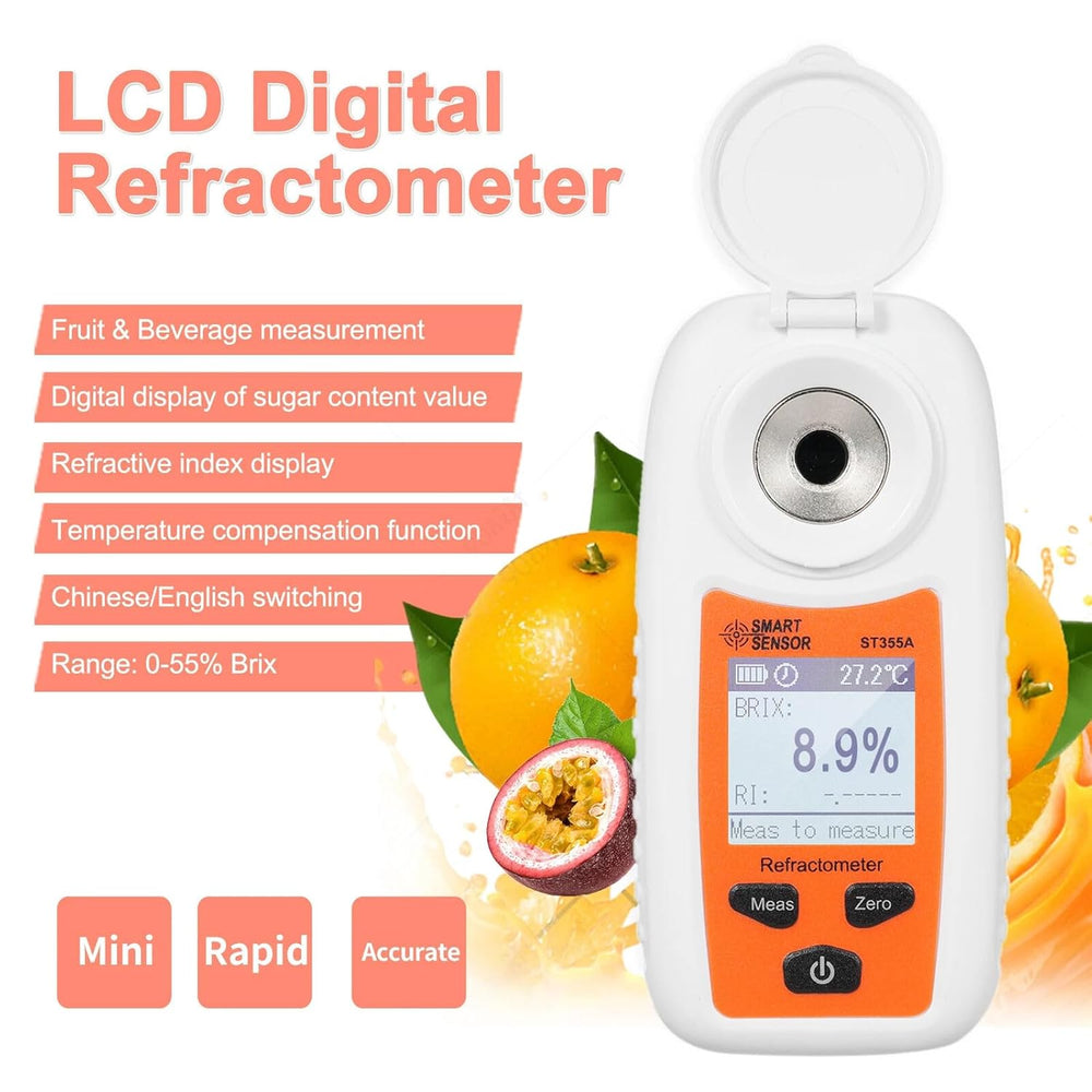 Real Instruments Digital Refractometer Smart Sensor ST355A Sugar Meter High Accuracy Portable 0-55% Test Range Fruit Juice Sweetness Tester For Fruit Sale Cool Drinks