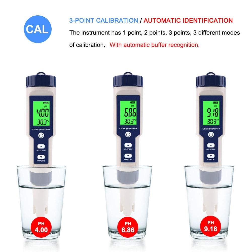 Real Instruments Water Quality Tester, 5 in 1 Function Water Quality Testing Meter PH/Salinity/TDS/EC/Temperature Tester With Backlight For Aquaculture, Drinking Water, Pool