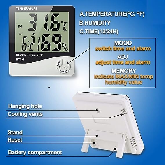 Real Instruments HTC-1 Digital Thermo Hygrometer with Indoor and Outdoor Temperature, Humidity Measurement, Time Display, Comfort Index, Memory Function, 12/24 Hour Clock, and Large LCD Screen for Home, Office, and Industrial Use