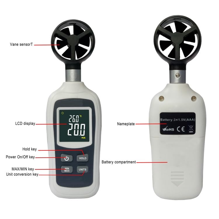 Real Instruments Anemometer RI-915 Digital Wind Speed Meter Portable Handheld LCD Display Anemometer Non-magnetic 0.4~30.0 m/s (0.1 m/s) For Wind Power Generation Nautical Measurement