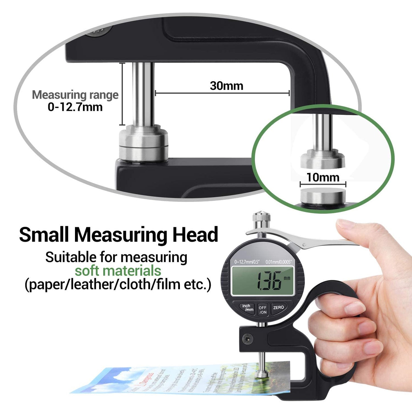 Real Instruments Digital Thickness Gauge Measuring Range 0-12.7mm, Accuracy 0.01mm Thickness Meter With LCD Display Inch/Metric, Suitable For Paper/Film/Leather/Wire Thickness Gauge