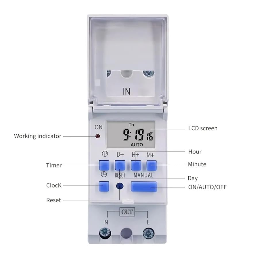 Real Instruments Digital LCD Power Programmable Timer Switch Relay 16A Amp Electronic Weekly 7 Days 16 On & Off Relay Timer Control AC 220V Din Rail Mount Timing Swtich