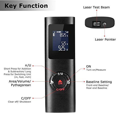 True Sense ABS Laser Distance Meter LDM-05 Rechargeable Battery Laser Rangefinder Measurement Tape Measuring Length/Area/Volume/Distance/Pythagoras Range 0.16 to 131 Ft/0.05 to 40 M (Black)