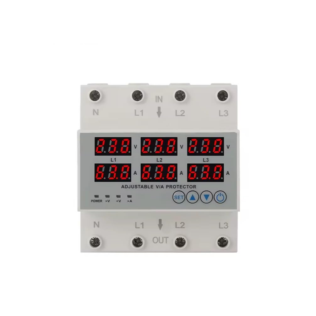 Real Instruments 3-Phase Automatic Over/Under Voltage Protector with Over Current Protection, Auto-Reconnect with Phase-Loss and Phase-Imbalance Protection 63A 220VAC (White)