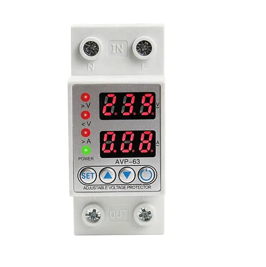 Real Instruments 63A AVP-63 Din Rail Dual Display Adjustable Intelligent Over Voltage Current And Under Voltage Protective Device Protector Relay Over Current Protection Home Usage Dual LED Display