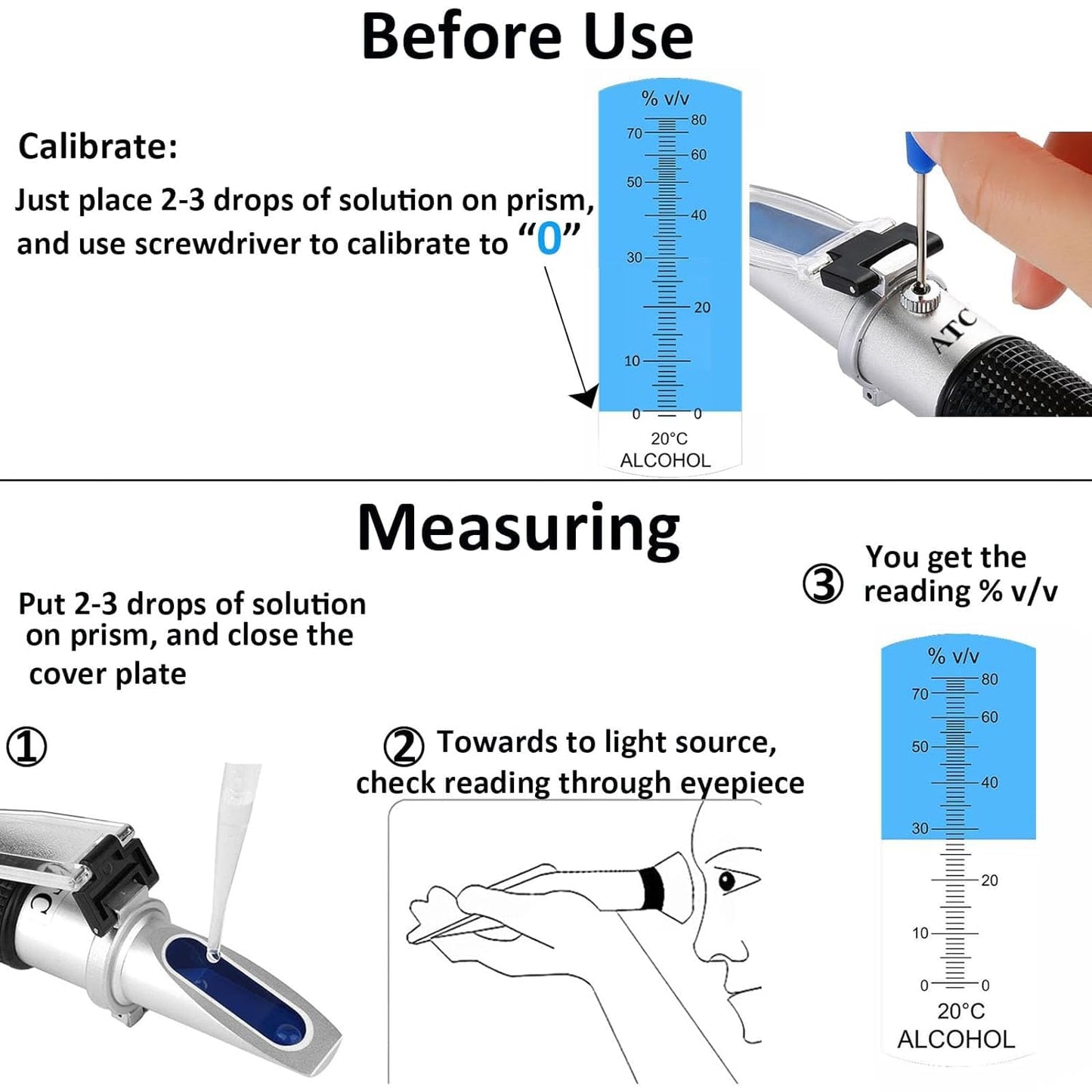 Real Instruments 0-80% V/V Alcohol Refractometer For Spirit Alcohol Volume Percent Measurement With Automatic Temperature Compensation for Distilled Beverages, Whiskey, Vodka, Gin, Tequila