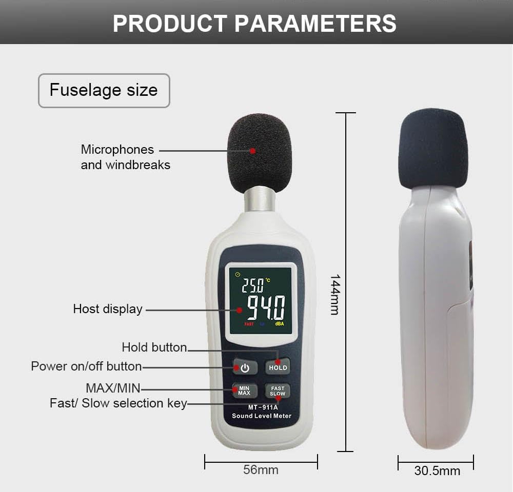 Real Instruments Digital Handheld Sound Level Audio Volume Noise Meter Tester Portable Measurement Equipment Decibel Meter Device (MT-911)