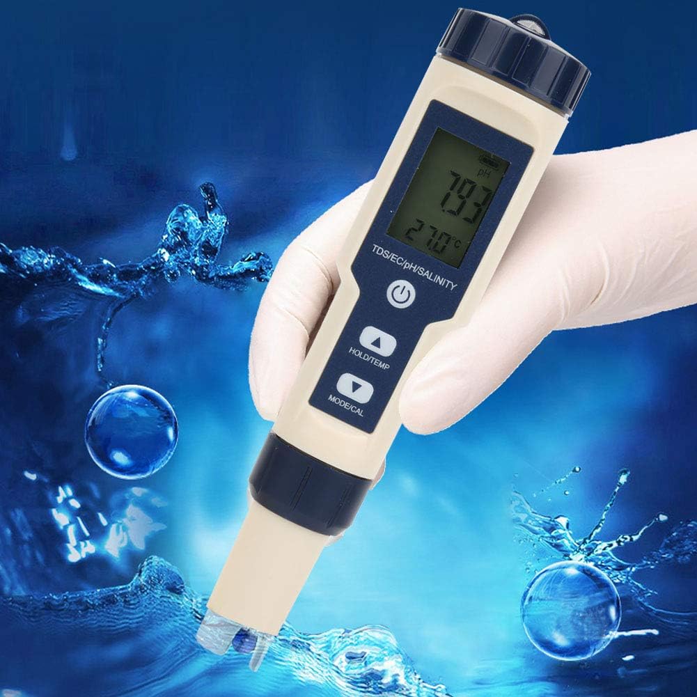 Real Instruments Water Quality Tester, 5 in 1 Function Water Quality Testing Meter PH/Salinity/TDS/EC/Temperature Tester With Backlight For Aquaculture, Drinking Water, Pool