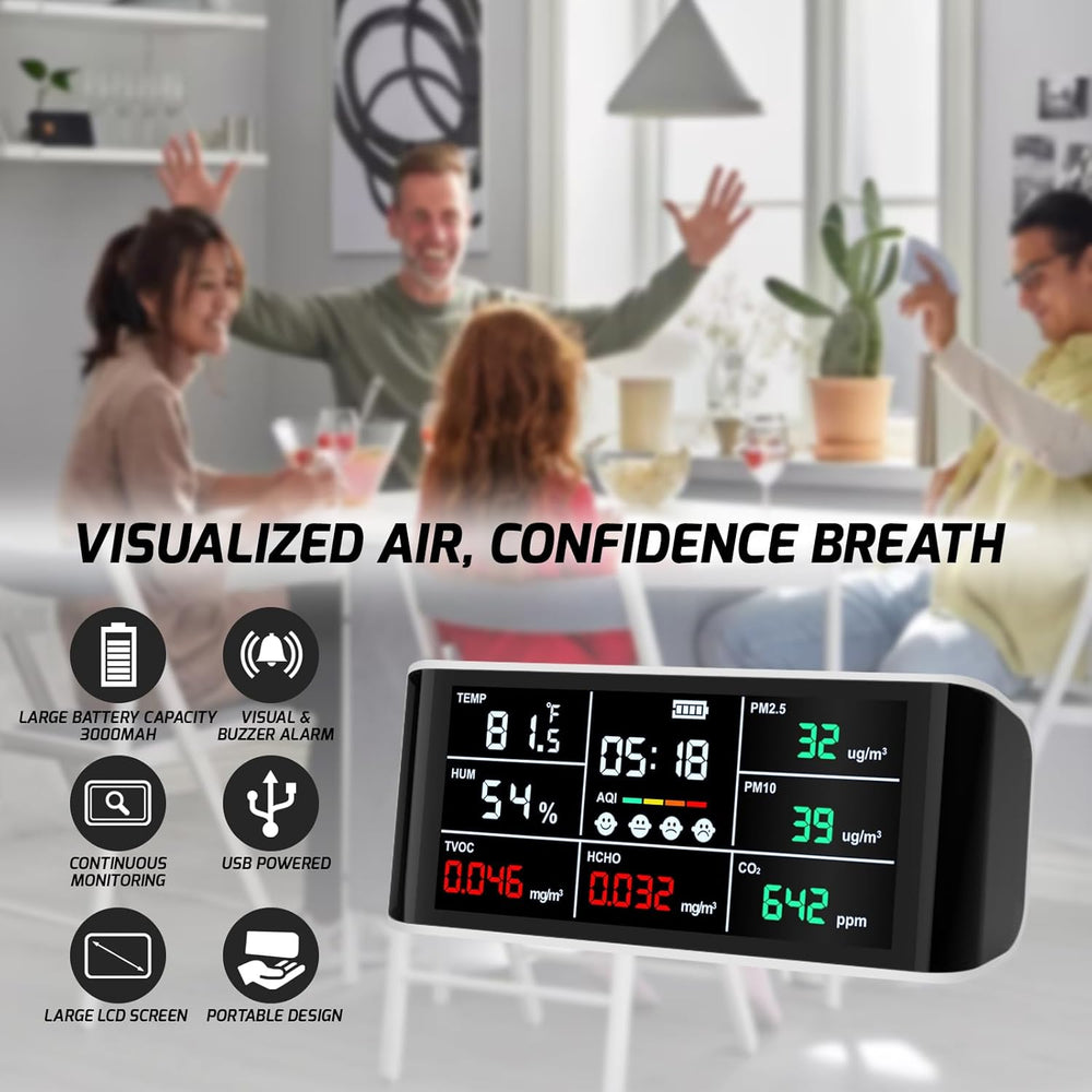 Real Instruments Air Quality Monitor Indoor 9 in 1 Air Quality Meter Portable CO2 Monitor Formaldehyde Detector VOC Sensor AQI Index PM2.5 PM10 and Humidity Temp & Time Air Monitor, AQM-08