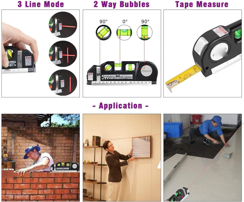 Real Instruments Laser Level Pro 3 – 3-in-1 Multipurpose Laser Level with Measuring Tape, Horizontal & Vertical Bubble Vials, Laser Line Projection for Accurate Alignment and Measurement – Ideal for Home, DIY & Professional Use