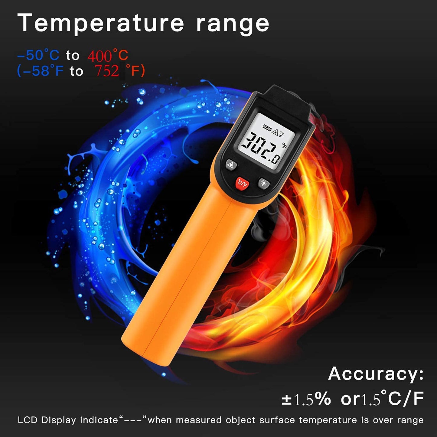 Real Instruments Laser Infrared Thermometer Non-Contact Digital Handheld Temperature Gun With Back Light LCD Display IR Thermometer For Industrial, Kitchen Cooking, Ovens (IR-400)