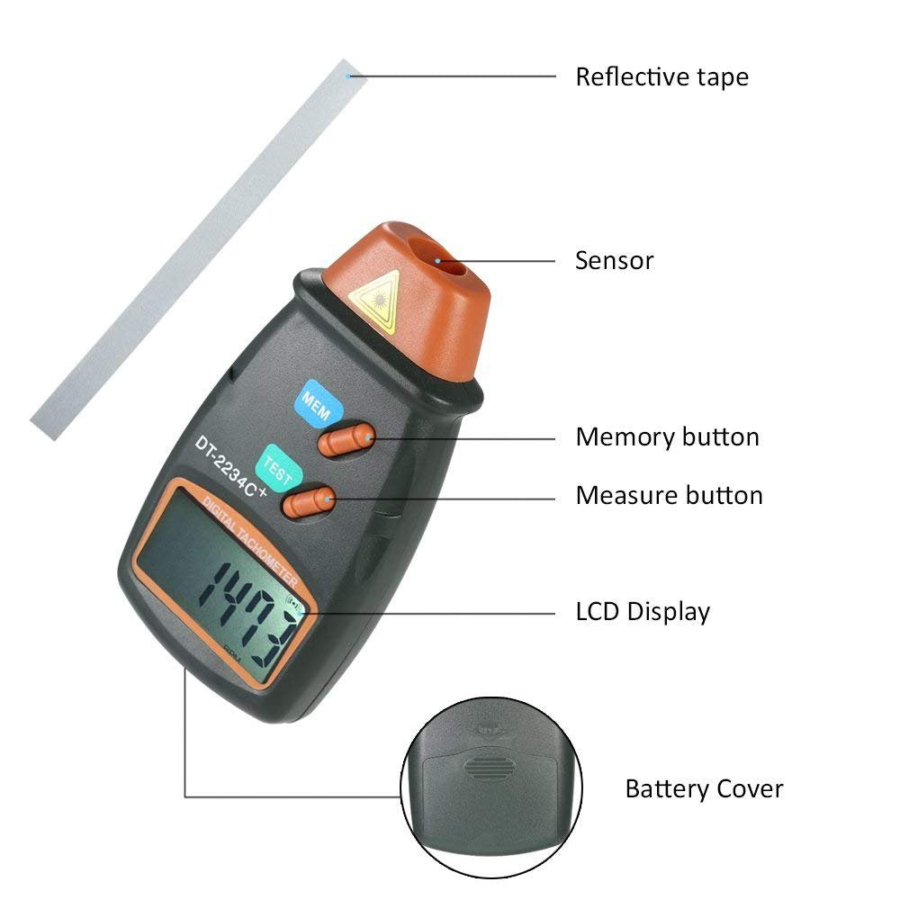 Real Instruments Digital LCD Laser Non Contact Photo Tachometer RPM Measurer Non Magnetic 2.5~99999 Speed Meter Tester Photoelectric Speedometer Laser Tachometer