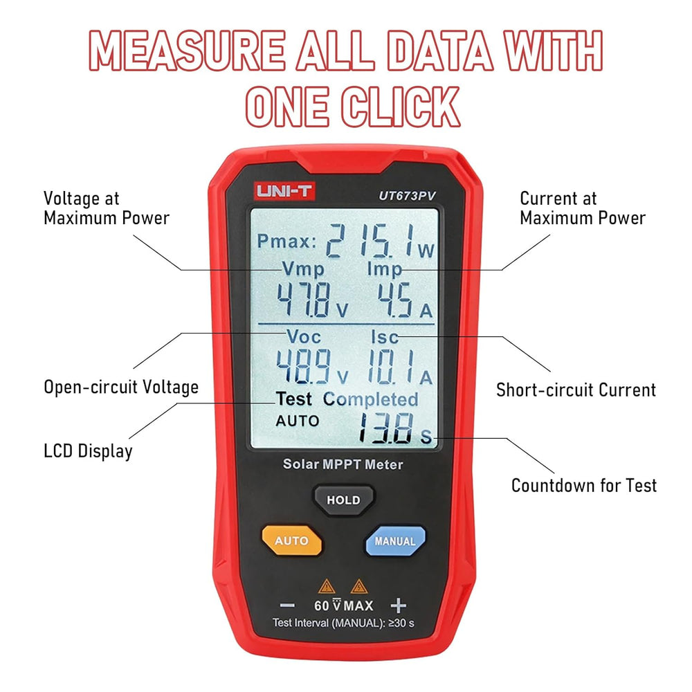 Real Instruments UT673PV Solar Panel Tester, Photovoltaic Multimeter 800W, Solar MPPT Meter with Large Ultra Clear LCD, Smart MPPT Open Circuit Voltage Troubleshooting, Data Test for Photovoltaic Modules
