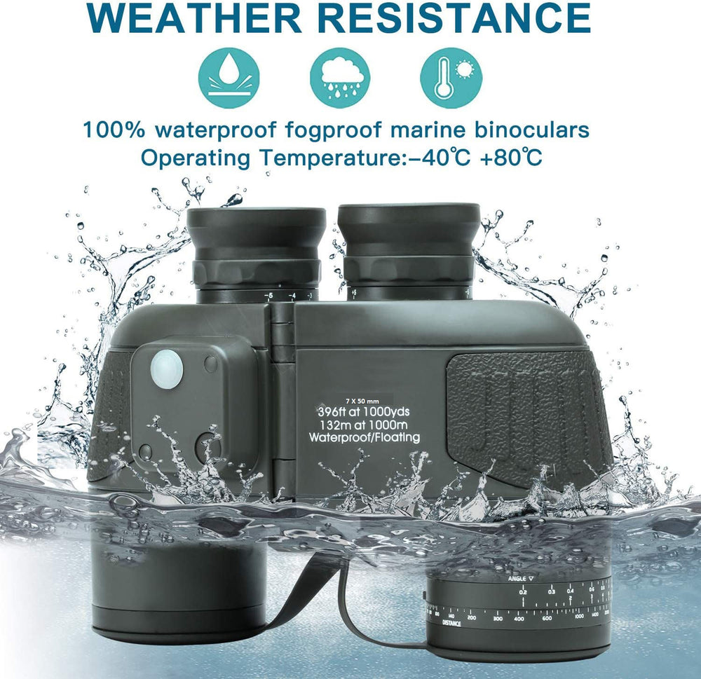 Real Instruments Military-Grade 7x50 Waterproof Binoculars with Built-in Compass & Rangefinder – Floating, Fog-Proof, Tactical Marine Optics