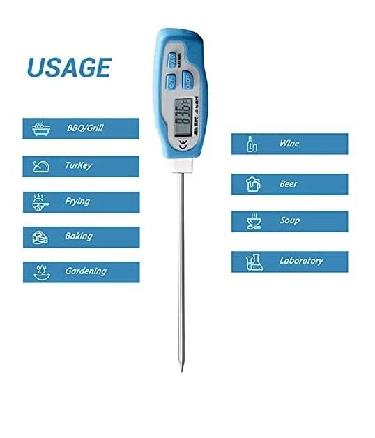 Real Instruments Instant Read Digital Meat Thermometer for Food, Bread Baking, Water, and Liquid. Waterproof and Long Probe with Meat Temp Guide for Cooking, Display with Backlit DTM-902