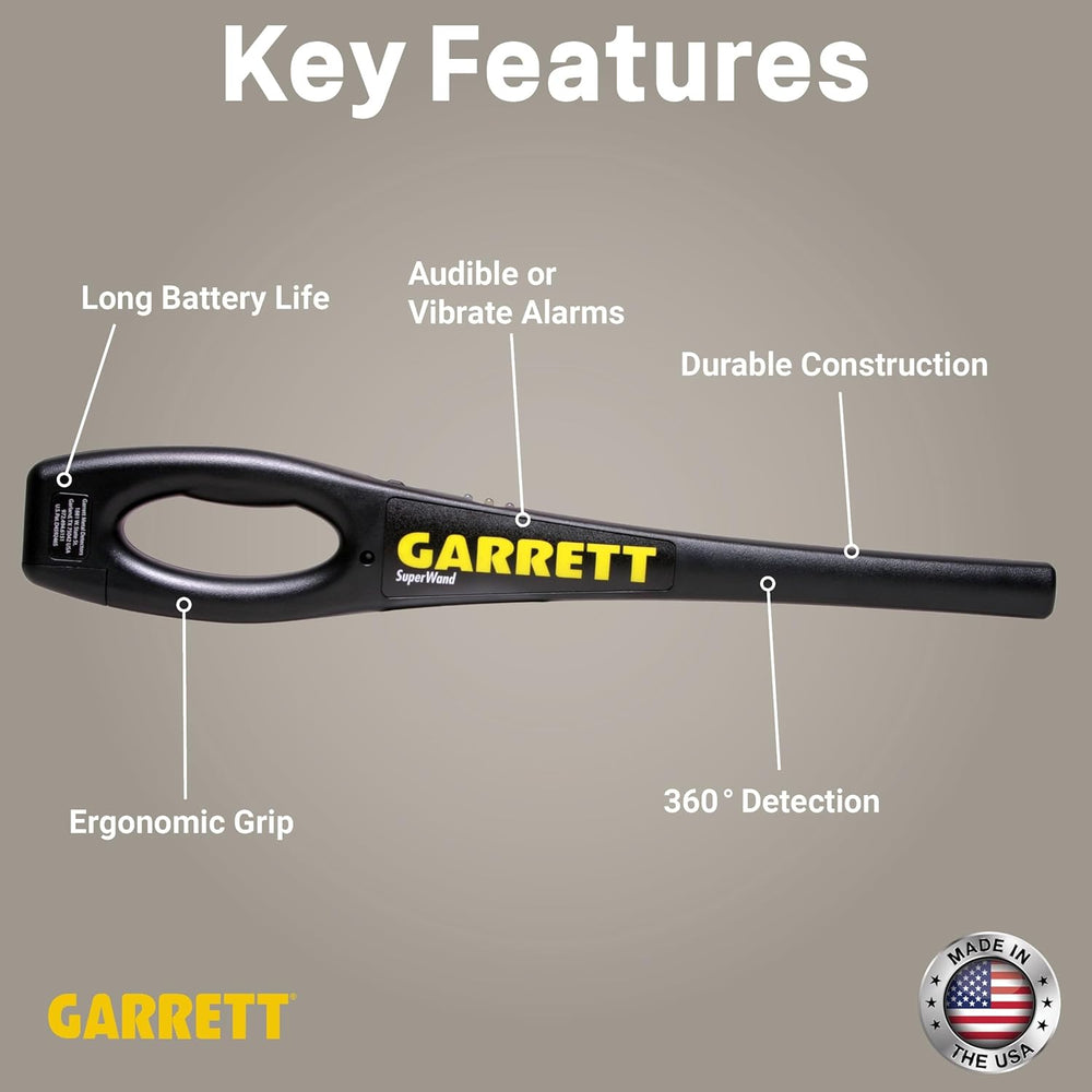 Garrett SuperWand Hand Held Metal Detector 1165800 with Adjustable Sensitivity, 7.8 kHz Frequency, 12-Inch Maximum Detection Depth, Waterproof Multi-Tone Audio Alerts for Treasure Hunting, Security & Industrial Applications