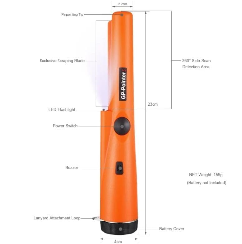 Real Instruments Metal Detector Pinpointer, 360° Search Treasure Pinpointing Finder Probe with 9V Battery and LED, Waterproof Metal Detector for Treasure Hunting, Metal Detecting Accessories for Adults, Kids--Orange