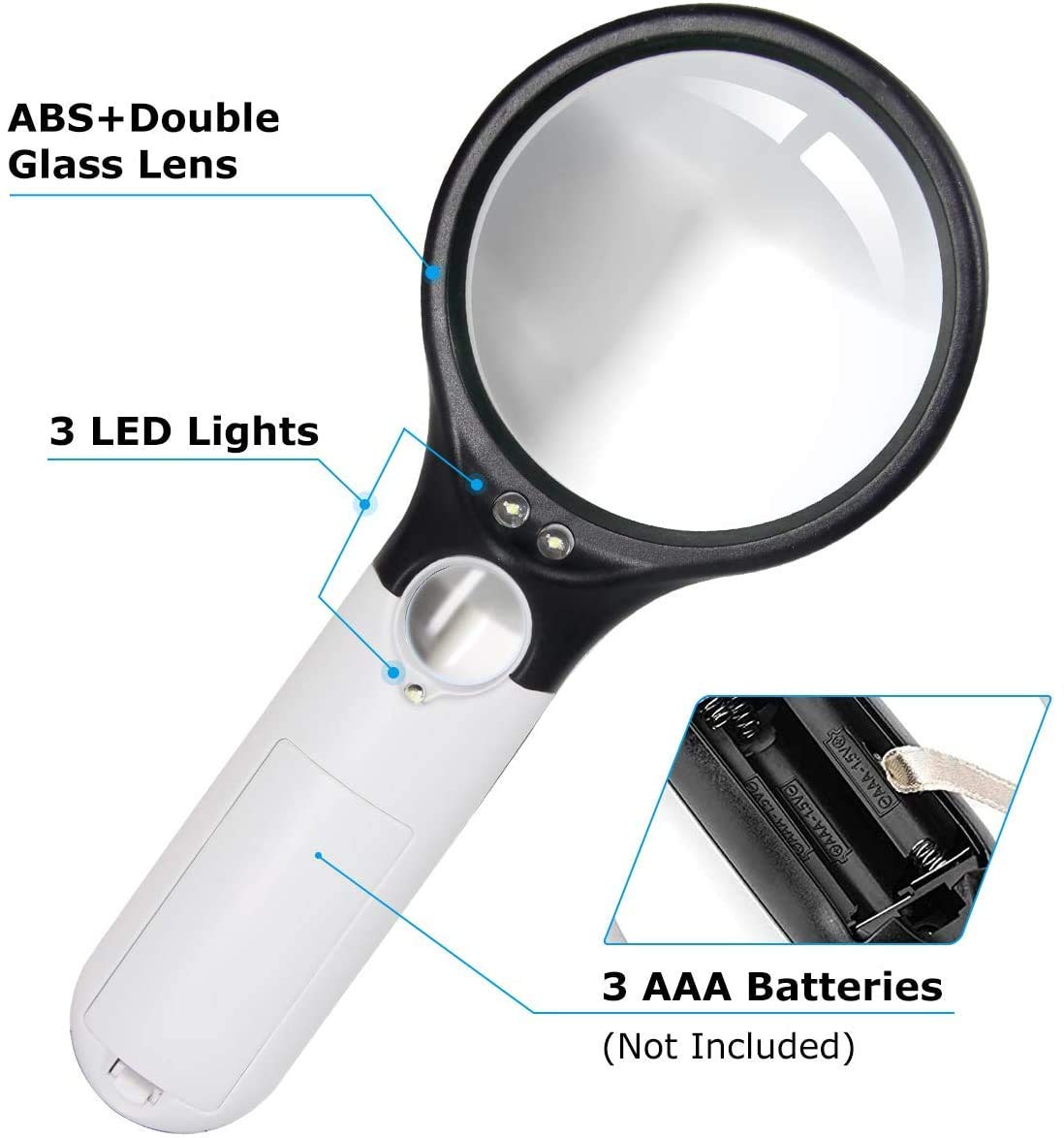 Real Instruments Magnifying Glasses with 3X & 45X Big Size Zoom Lense, 3 Led Light for Seniors, Reading, Kids, Eyelash Extensions | Microscope Lens, Coin Aimpoint (6902AB)