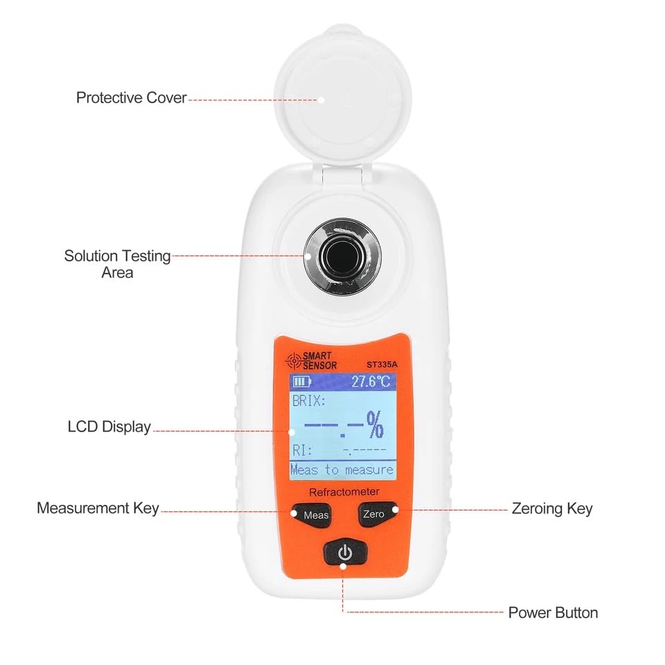 Real Instruments Digital Refractometer 0-35% Smart Sensor ST335A LCD Refractometer Handheld Honey Refractometer ATC Sugar Percent Tester Sugar Concentration Detector Sugar Solution Content Test Tool
