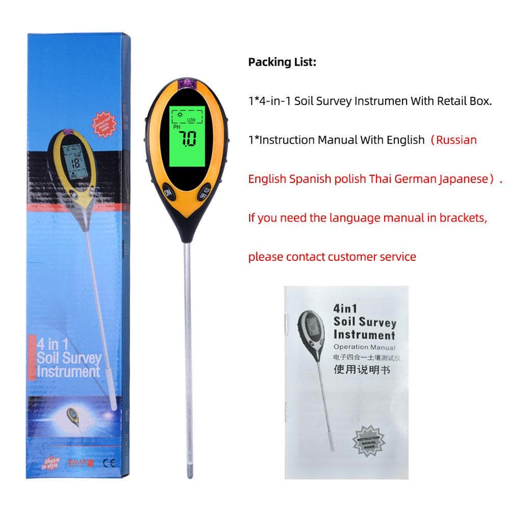 Real Instruments 4 in 1 Soil Ph Tester Moisture Meter Gardening Water Soil Testing Machine with Sensor Prob and Hydroponic Clear Digital LCD Display Set Home and Garden Plants Farming Farm Sunlight