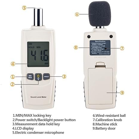 Real Instruments Digital Handheld 30-130 dB Sound Level Audio Volume Noise Meter Tester Max/Min/Data Hold, LCD Display And Backlight Portable Measurement Equipment Decibel Meter Device (GM-1352)