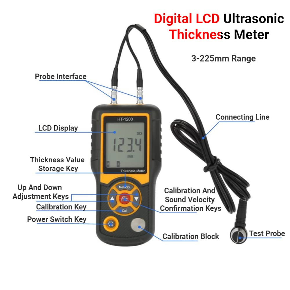 Real Instruments Ultrasonic Thickness Gauge Meter Steel Thickness Tester 1.2-225mm Range 0.1mm Resolution HT-1200
