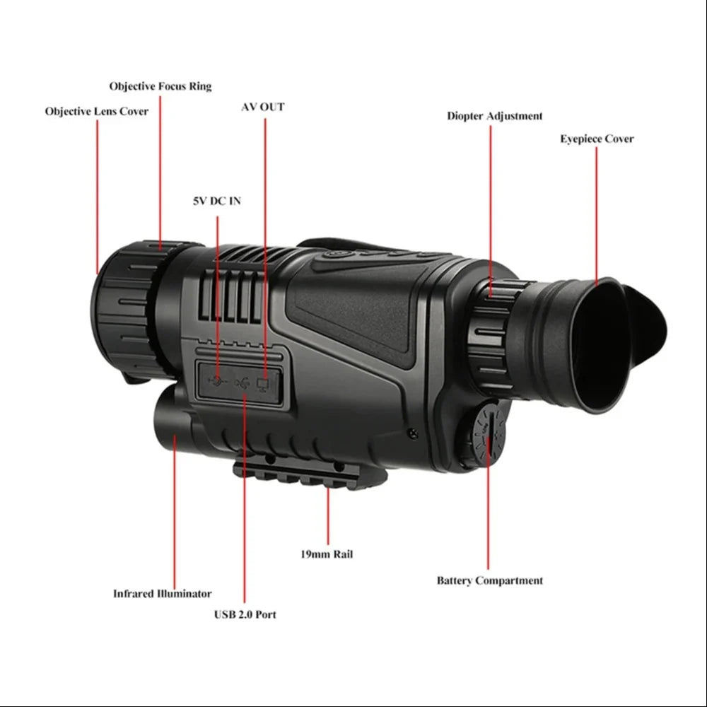 Real Instruments Night Vision Monocular NV300 with High-Definition 1080P Resolution, 5x Optical Zoom, Up to 8x Digital Zoom, 40mm Large-Diameter Objective Lens, 200M Viewing Distance, Built-in Infrared Illuminator, Simple Waterproof Design & Lightweight