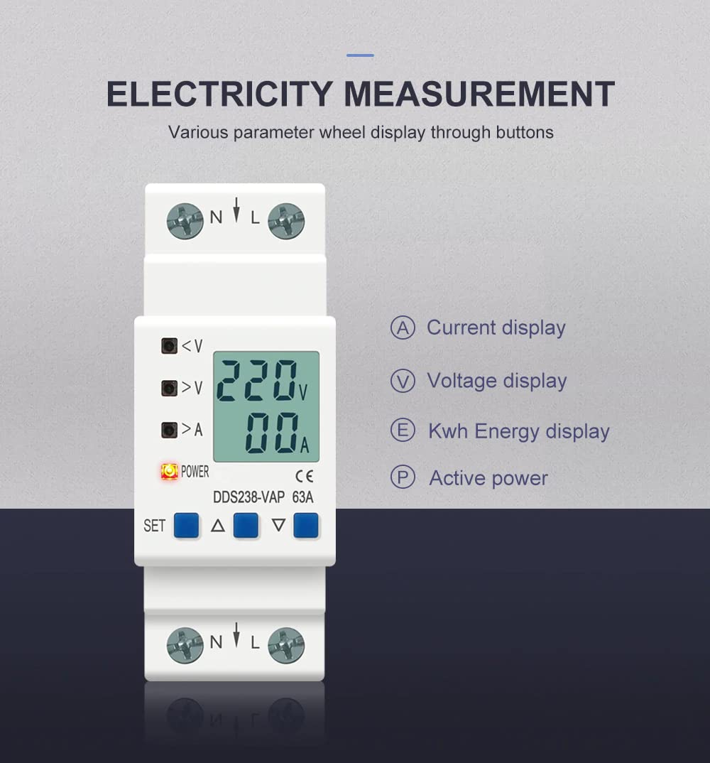 Real Instruments Din Rail Mountable Over Voltage And Under Voltage Protector Current Limit Protection Voltmeter Ammeter KWH With Over Current Protection (60A 230V)