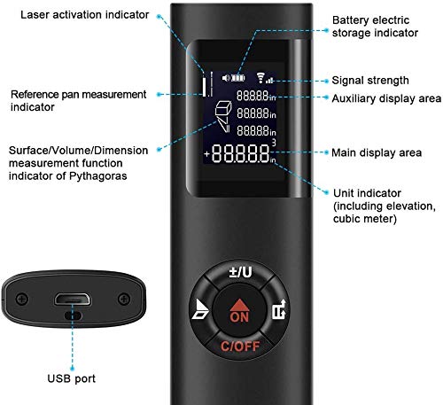 True Sense ABS Laser Distance Meter LDM-05 Rechargeable Battery Laser Rangefinder Measurement Tape Measuring Length/Area/Volume/Distance/Pythagoras Range 0.16 to 131 Ft/0.05 to 40 M (Black)