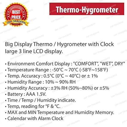 Real Instruments HTC 288-ATH Digital Thermo Hygrometer with Temperature, Humidity, and Time Display, Comfort Index, Memory Function, Calendar and Alarm, and Large LCD Screen for Home, Office, and Industrial Use