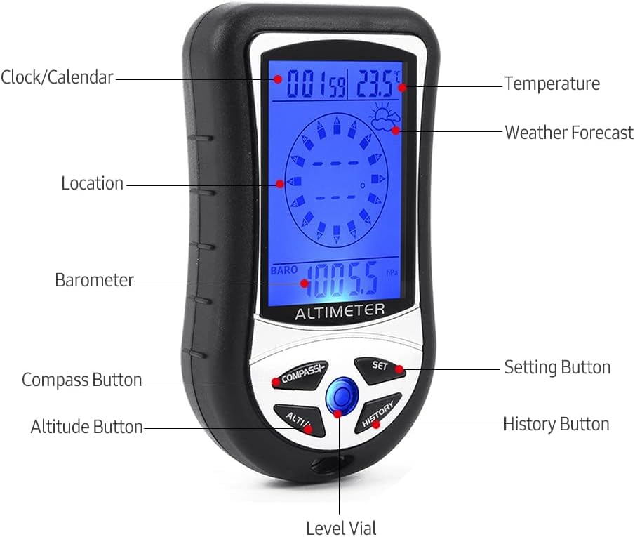 Real Instruments Multifunctional Digital Altimeter Barometer Digital Compass Thermometer Clock Time Calendar Weather Forecast For Outdoor Altimeter With Time Height Gauge LCD Backlight (DS302)