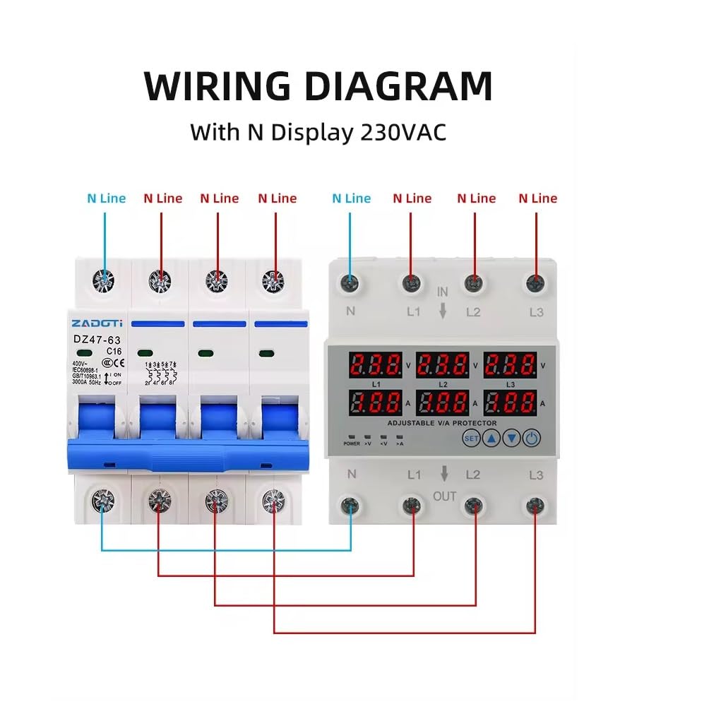 Real Instruments 3-Phase Automatic Over/Under Voltage Protector with Over Current Protection, Auto-Reconnect with Phase-Loss and Phase-Imbalance Protection 63A 220VAC (White)