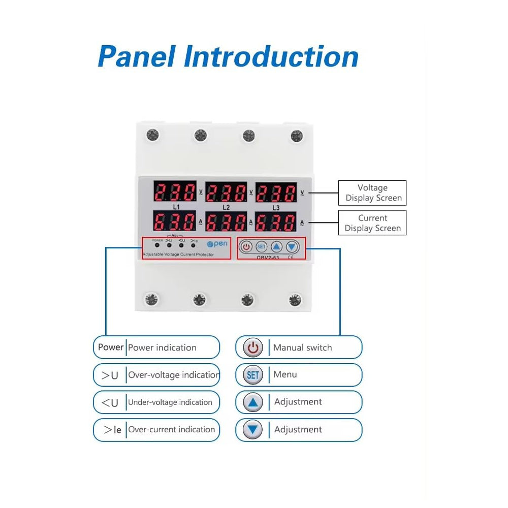 Real Instruments 3-Phase Automatic Over/Under Voltage Protector with Over Current Protection, Auto-Reconnect with Phase-Loss and Phase-Imbalance Protection 63A 220VAC (White)