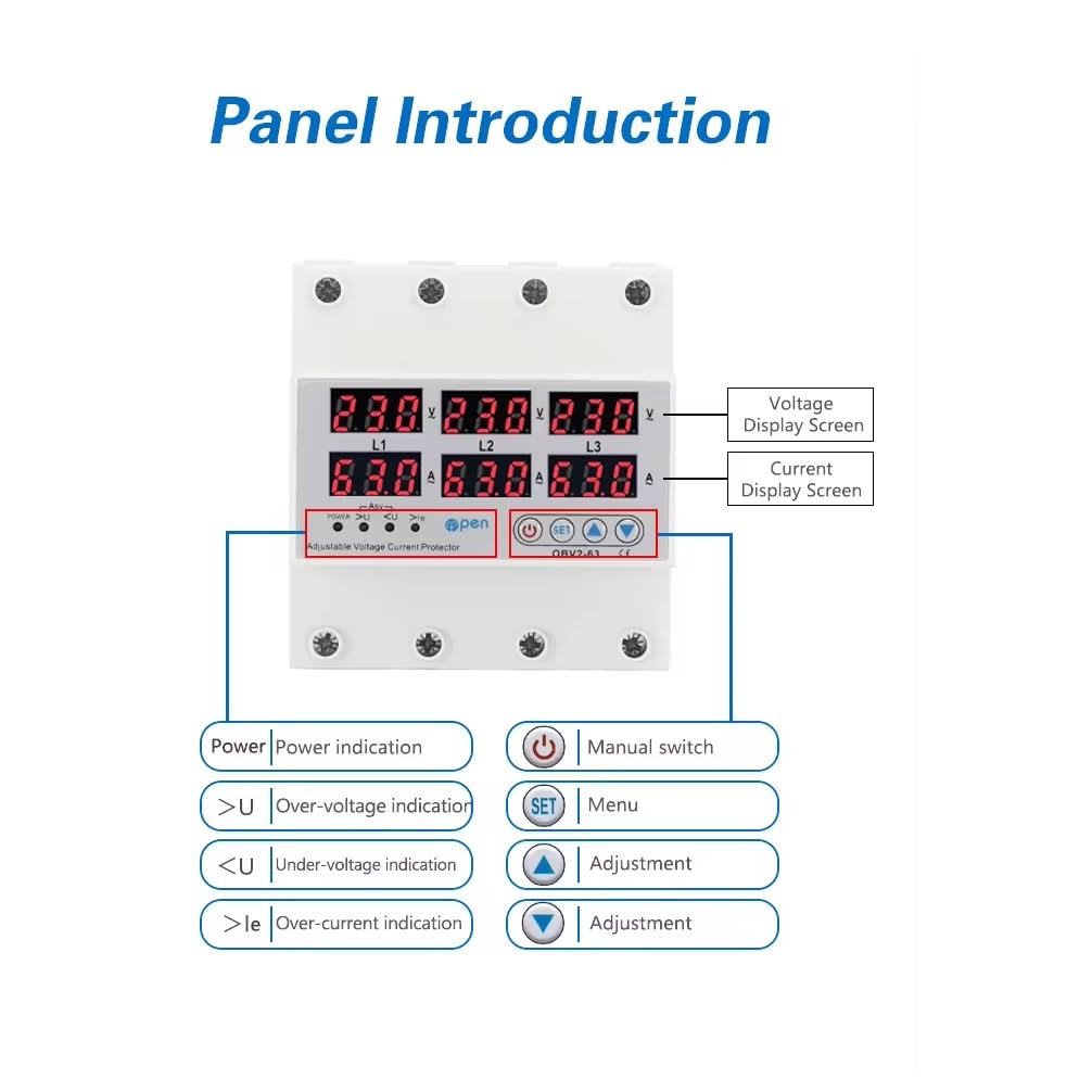 Real Instruments 3-Phase Automatic Over/Under Voltage Protector with Over Current Protection, Auto-Reconnect with Phase-Loss and Phase-Imbalance Protection 63A 220VAC (White)