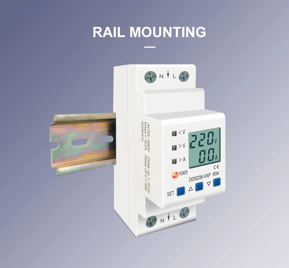 Real Instruments Din Rail Mountable Over Voltage And Under Voltage Protector Current Limit Protection Voltmeter Ammeter KWH With Over Current Protection (60A 230V)