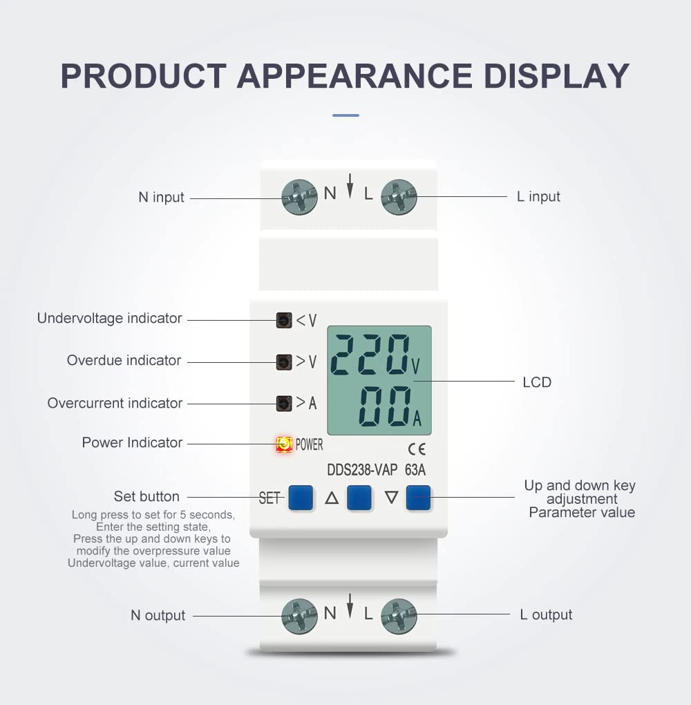 Real Instruments Din Rail Mountable Over Voltage And Under Voltage Protector Current Limit Protection Voltmeter Ammeter KWH With Over Current Protection (60A 230V)